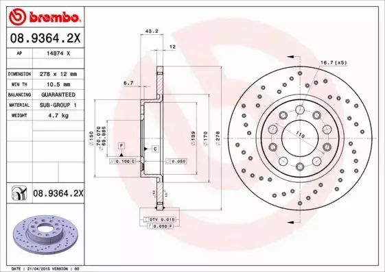 BREMBO TARCZE HAMULCOWE TYŁ 08.9364.2X 