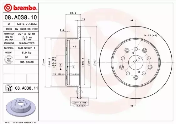 BREMBO TARCZE HAMULCOWE TYŁ 08.A038.11 