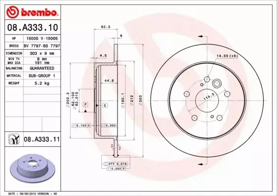 BREMBO TARCZE HAMULCOWE TYŁ 08.A333.11 