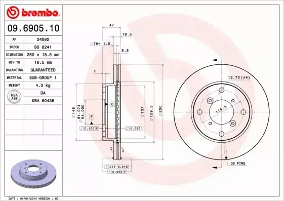 BREMBO TARCZA HAMULCOWA 09.6905.10 