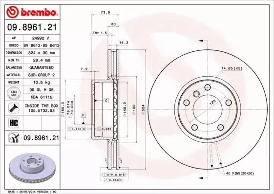 BREMBO TARCZE HAMULCOWE PRZÓD 09.8961.21 