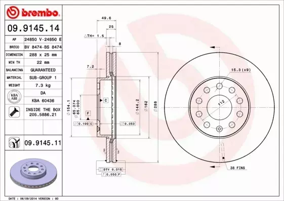 BREMBO TARCZE+KLOCKI PRZÓD VW TOURAN 1T 288MM 