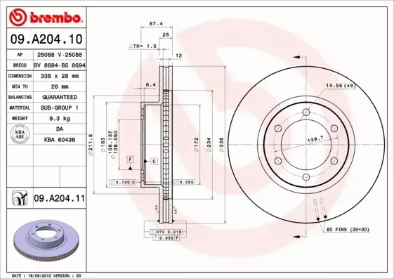 BREMBO TARCZE HAMULCOWE PRZÓD 09.A204.11 