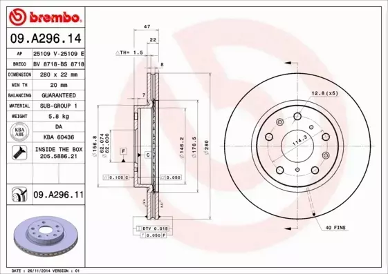 BREMBO TARCZE HAMULCOWE PRZÓD 09.A296.11 