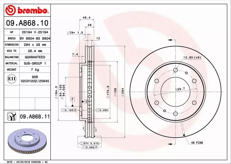 BREMBO TARCZE HAMULCOWE PRZÓD 09.A868.11 