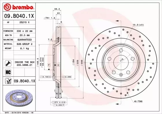 BREMBO TARCZE HAMULCOWE TYŁ 09.B040.1X 