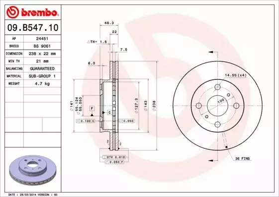 BREMBO TARCZE HAMULCOWE PRZÓD 09.B547.10 