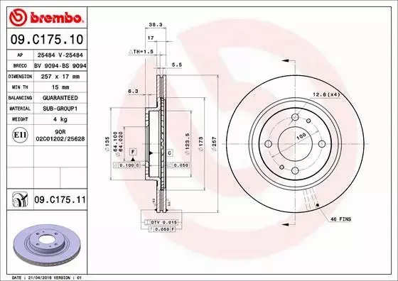 BREMBO TARCZE HAMULCOWE PRZÓD 09.C175.11 