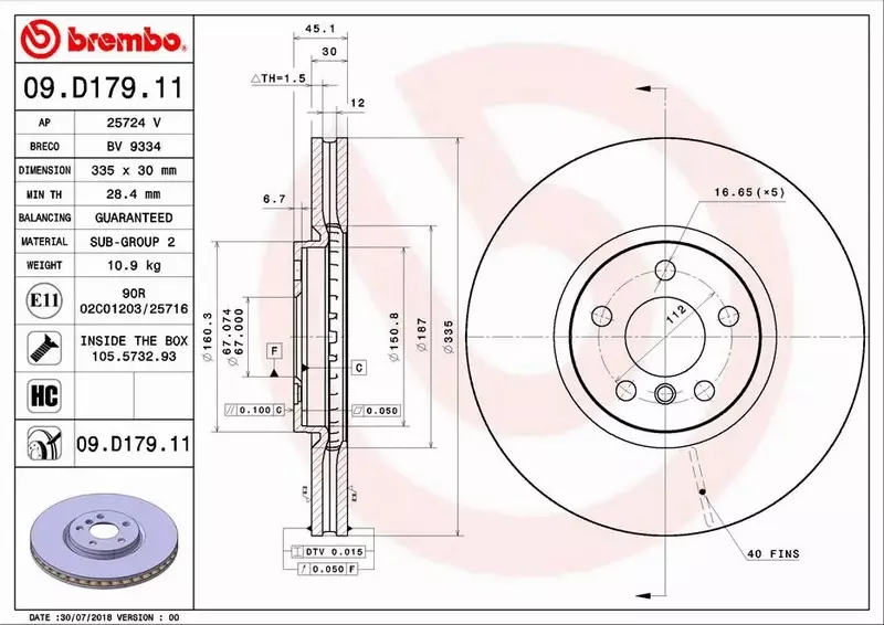 BREMBO TARCZE HAMULCOWE PRZÓD 09.D179.11 