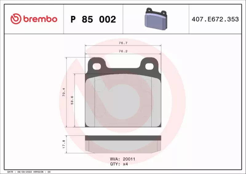 BREMBO Zestaw klocków hamulcowych, hamulce tarczowe P 85 002 