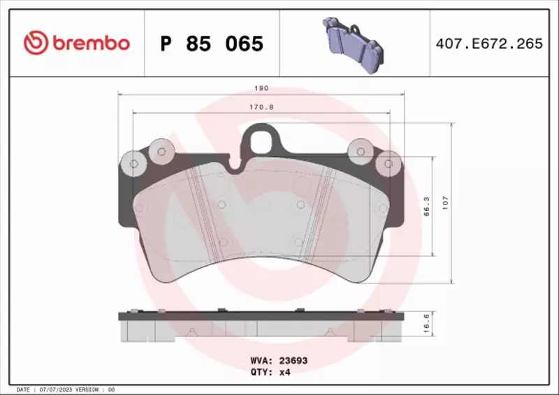 BREMBO Zestaw klocków hamulcowych, hamulce tarczowe P 85 065 