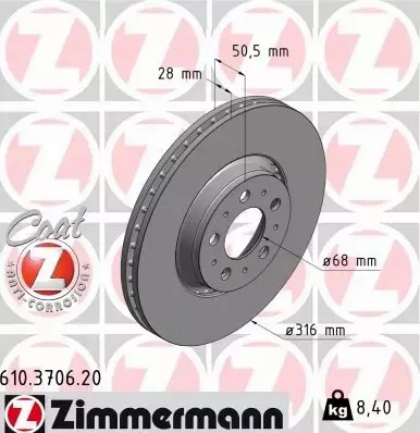 ZIMMERMANN TARCZE HAMULCOWE PRZÓD 610.3706.20 